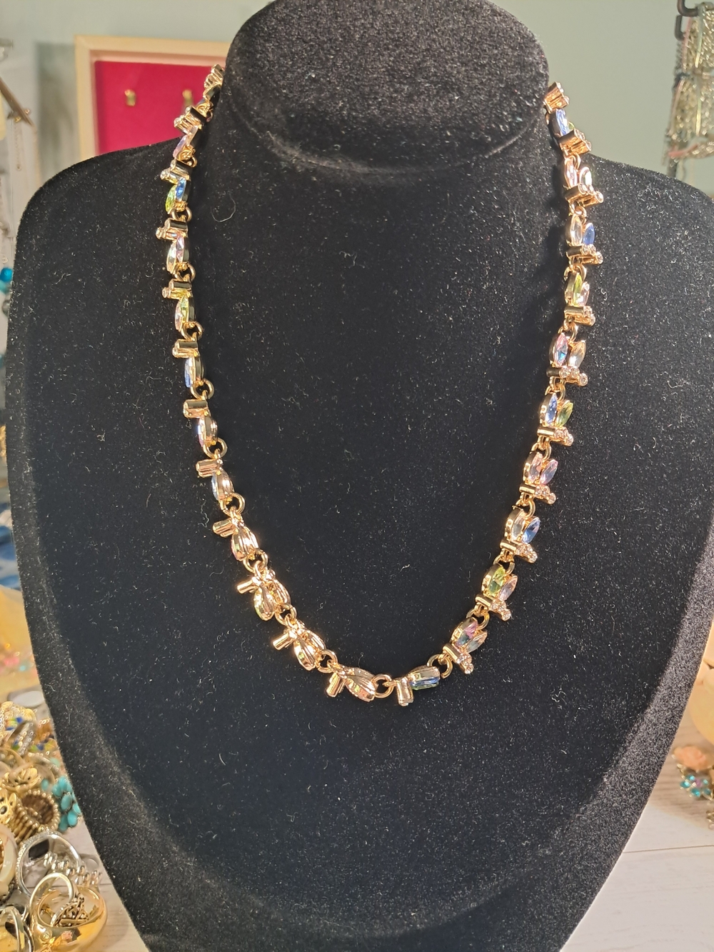 Gold-Tone Crystal Link Necklace - Multicolor Stones